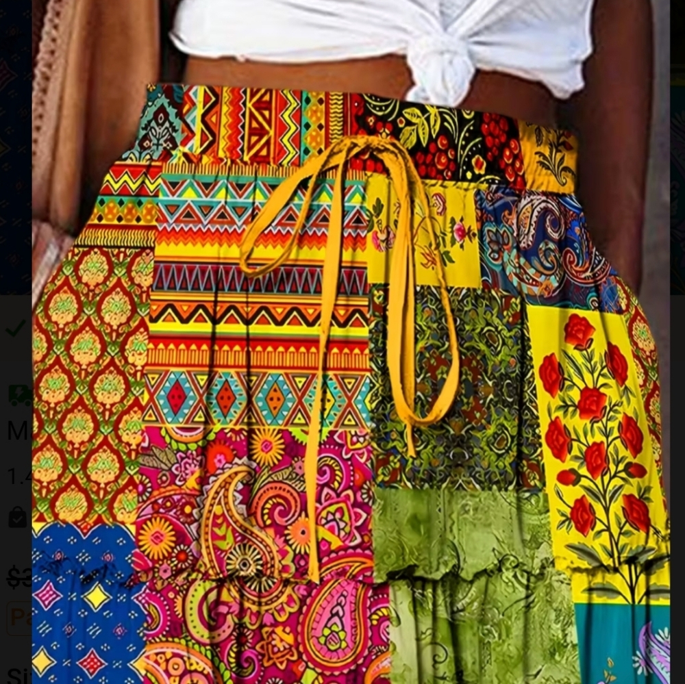 Long Maxi Skirt Medium Colorful Patchwork Print Bohemian Style Skirts Outfit - Picture 2 of 7